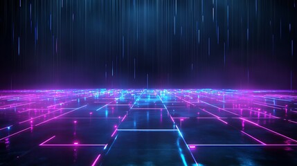 Wall Mural - Futuristic digital landscape featuring neon lights and rain effects, symbolizing advanced technology and virtual environments. Stage for product presentation.