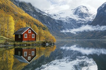 Wall Mural - A small wooden cottage in front of a snow capped moutain at a beautiful lake with reflection 