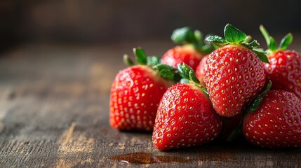 A close-up of fresh, juicy strawberries with dewdrops on their surface, arranged on a wooden table, capturing their vibrant color and freshness.