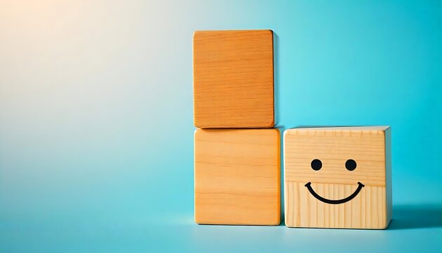wood cube stacking with emotional face icon on blue background, Mental Health Awareness Month, World Mental Health Day concept, illustration, banner, poster, flyer, created with generative ai