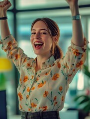 Wall Mural - Celebratory Young Woman in Flowered Shirt