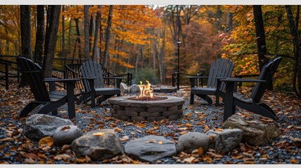 Cozy autumn gathering around a fire pit in a serene forest surrounded by vibrant fall foliage. Generative AI