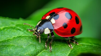 Poster - A colorful ladybug crawling on a leaf, with its bright red shell and black spots standing out against the green foliage.