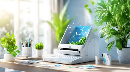 Poster - Modern Office Desk with Green Plants and Laptop.