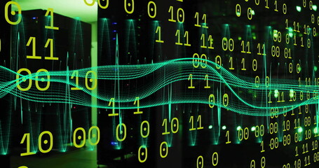 Poster - Binary code and digital wave image over cityscape at night