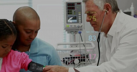 Poster - Animation of medical data processing over diverse doctor and girl patient in hospital