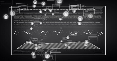 Poster - Image of media icons over data processing on black background