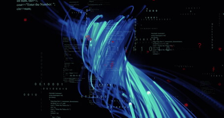 Poster - Image of blue trails over data processing on black background