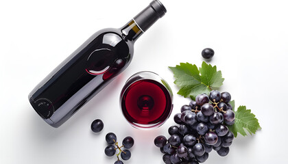 Taste of red wine. Bottle of red wine, glass and black grapes on white background top view