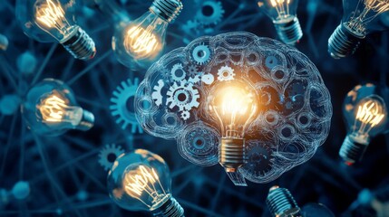 Aufkleber - A digital concept of a brain with interconnected gears and lightbulbs, symbolizing the generation and flow of creative ideas.