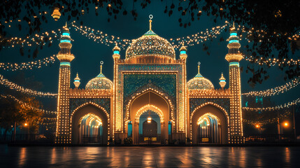 Wall Mural - A mosques exterior adorned with intricate Eid Milad un Nabi on 12 Rabi al Awwal