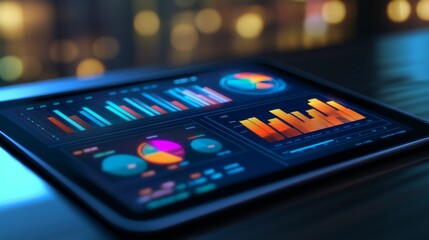 Fototapete - A digital tablet showing a financial dashboard with various graphs and charts, symbolizing real-time data tracking and financial management.