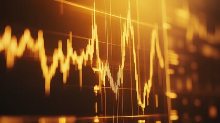 Wall Mural - A detailed shot of a gold price chart on a computer screen, with fluctuating lines and candlestick patterns, showcasing market analysis.