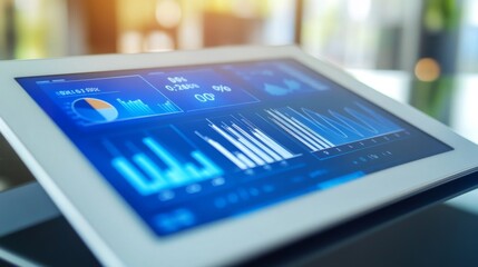 Fototapete - A digital tablet showing a financial dashboard with various graphs and charts, symbolizing real-time data tracking and financial management.