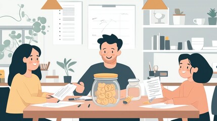 Fototapete - A family discussing their savings goals at the kitchen table, with a visible savings jar and financial documents, emphasizing family financial planning.