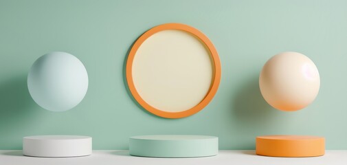 Poster - Minimalistic display featuring floating shapes and a round frame set against a soft green background for creative design.