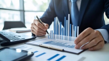 Fototapete - A financial advisor explaining a bar graph to a client in an office, symbolizing personalized financial planning and consultation