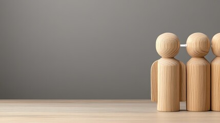 Poster - Wooden figures representing people are interconnected by white lines on a neutral grey background, symbolizing collaboration and networking in a professional environment