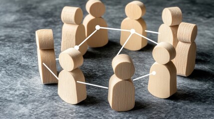 Poster - Wooden figures representing people are interconnected by white lines on a neutral grey background, symbolizing collaboration and networking in a professional environment