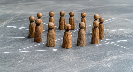 Poster - Wooden figures representing people are interconnected by white lines on a neutral grey background, symbolizing collaboration and networking in a professional environment.