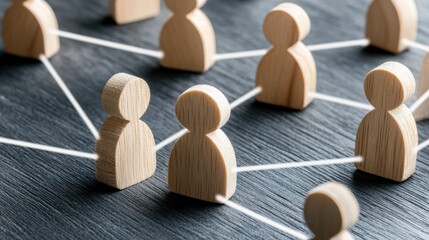 Poster - Wooden figures representing people are interconnected by white lines on a neutral grey background, symbolizing collaboration and networking in a professional environment