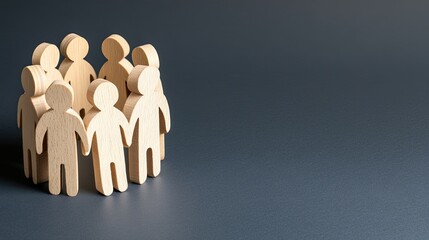 Poster - Wooden figures representing people are interconnected by white lines on a neutral grey background, symbolizing collaboration and networking in a professional environment