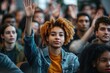 © At My Hat - Young woman raises her hand in class. This image is perfect for educational themes, such as learning, participation, and student engagement.