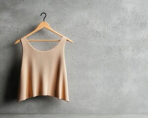 Wall Mural - A pastel-colored dress on a wooden hanger, suspended against a textured concrete wall, Minimalist, Neutral tones, Industrial, Soft light