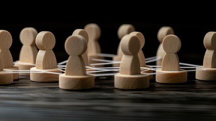 Poster - Wooden figures representing people are interconnected by white lines on a neutral grey background, symbolizing collaboration and networking in a professional environment