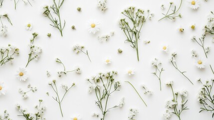 Poster - A flat lay of fresh, delicate wildflowers scattered across a white background, with a focus on their natural colors and textures, creating a minimalist look.