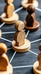 Poster - Wooden figures representing people are interconnected by white lines on a neutral grey background, symbolizing collaboration and networking in a professional environment