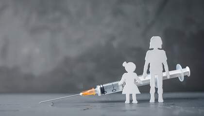 vaccination for healthy family, vaccination of children. flu. syringe near family cutout on gray bac