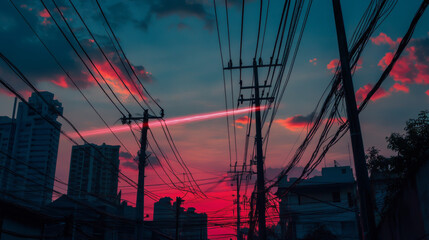 Power lines against the sunset sky in Jakarta, Indonesia. A digital laser beam adds a futuristic touch. It's a picture of industrial technology.