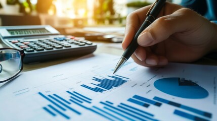 Poster - A hand holding a pen, analyzing a printed financial graph on paper with a calculator and glasses nearby, symbolizing detailed financial planning.