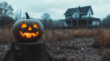 Wall Mural - Aged Pumpkin Illuminates Abandoned Rural Setting on Halloween Night