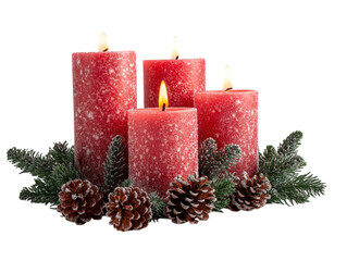 Wall Mural - four red candles with pinecones and greenery, arranged in a festive display on a white background. p
