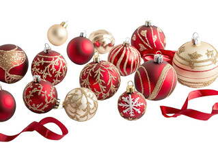 Wall Mural - collection of red and gold christmas ornaments with snowflakes and ribbons on a white background. pn