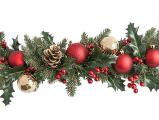 Wall Mural - christmas garland with red and gold ornaments, pinecones, and holly on a white background. png trans