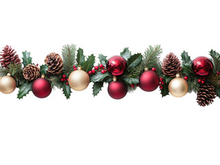 Wall Mural - christmas garland with red and gold ornaments, pinecones, and holly on a white background. png trans