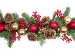 © Asier - Christmas garland with red and gold baubles, berries, and pinecones on a white background.  PNG transparent.