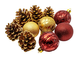 Wall Mural - red and gold christmas ornaments with pinecones and small gifts arranged on a white background. png 