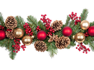 christmas garland with red and gold baubles, berries, and pinecones on a white background. png trans
