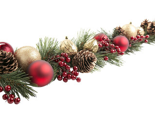 Wall Mural - christmas garland with red and gold baubles, berries, and pinecones on a white background. png trans