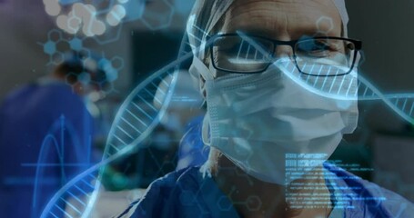 Poster - Animation of dna strand and medical data processing over biracial female doctor in face mask