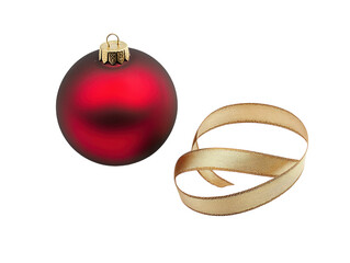 Wall Mural - Red Christmas ornament with a golden ribbon curled around it on a white background.  PNG transparent.