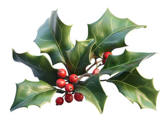 Wall Mural - Close-up of holly leaves with red berries on a white background.  PNG transparent.