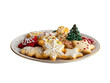 © Asier - Plate filled with Christmas cookies, including gingerbread men, stars, and trees on a white background.  PNG transparent.