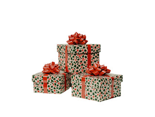 Wall Mural - Pile of Christmas gifts wrapped in red and green paper with ribbons on a white background.  PNG transparent.