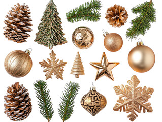 Flat lay of Christmas ornaments, pine cones, and festive decorations arranged on a white background.  PNG transparent.