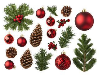 flat lay of christmas ornaments, pine cones, and festive decorations arranged on a white background.